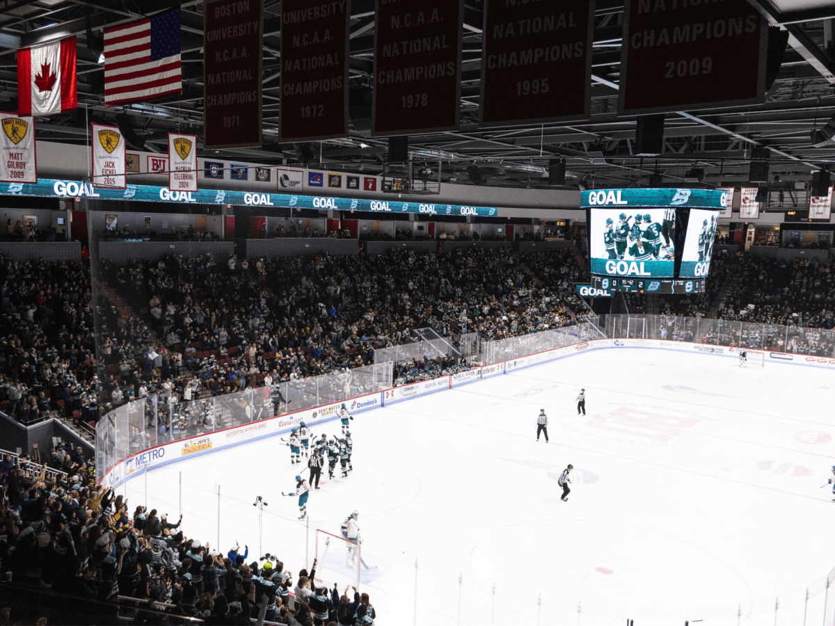 A birds eye view of the Fleet celebrating their goal on the ice, with a roaring crowd in the background. The Fleet are wearing green home uniforms.