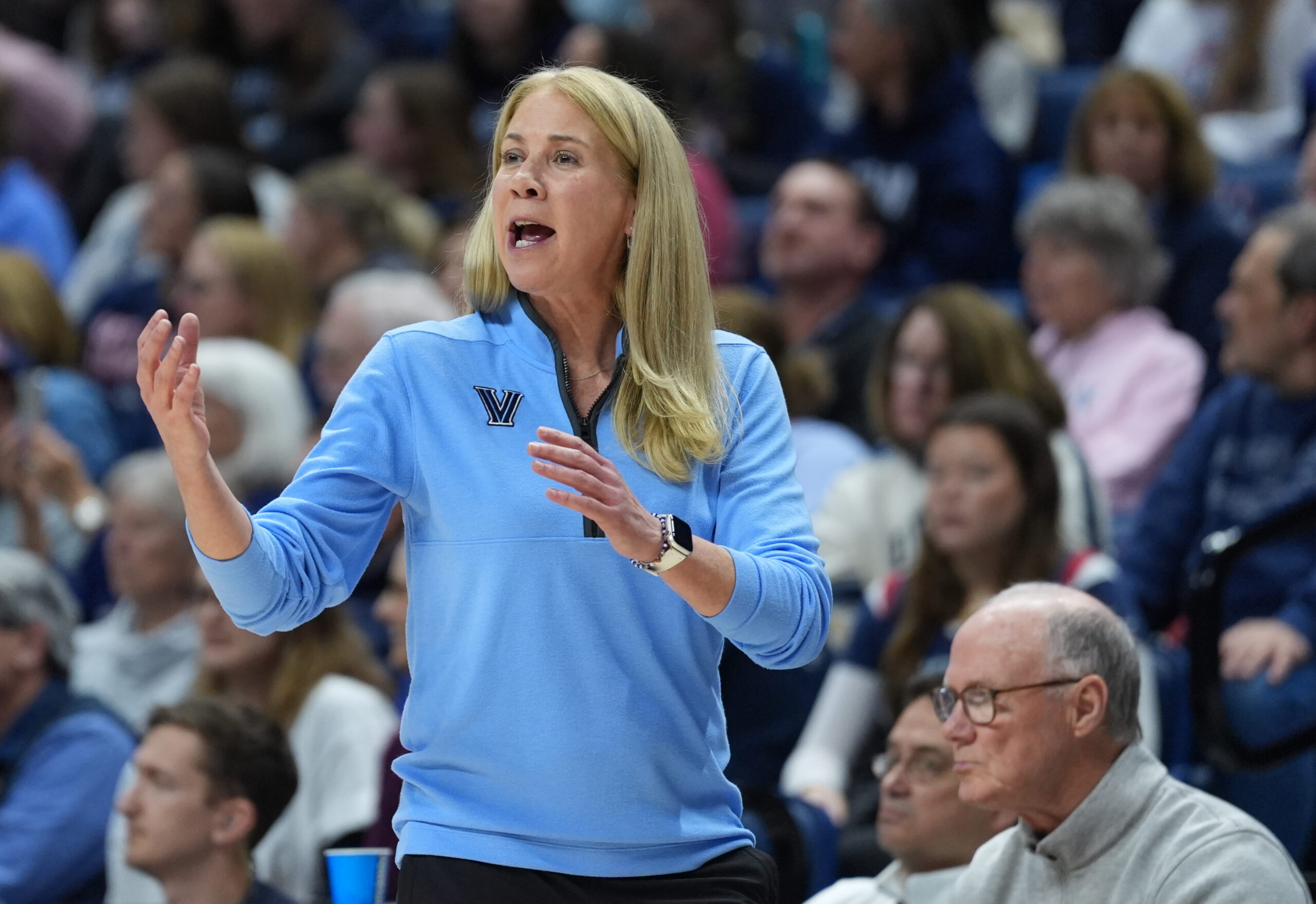 Villanova head coach Denise Dillon directs her team from the sideline