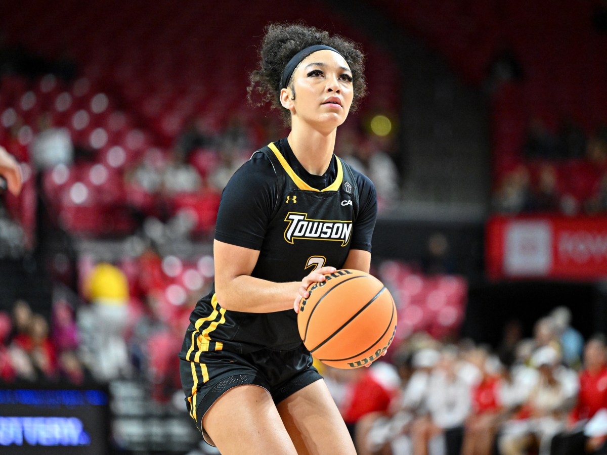 Towson's India Johnston prepares to shoot a free throw during a game against Maryland on Sunday, Nov. 17, 2024