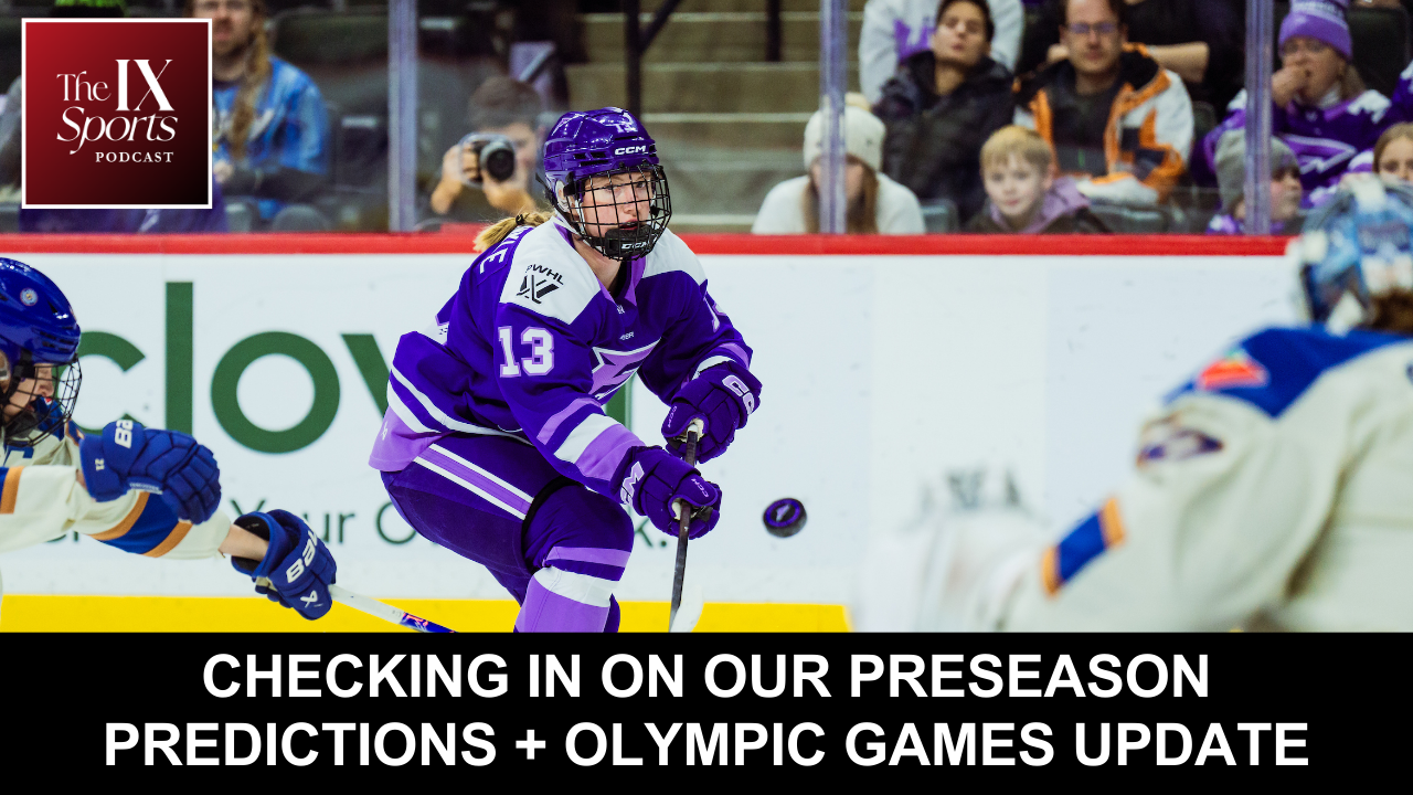 Podcast promotion graphic with a photo of Minnesota's Grace Zumwinkle controlling the puck. Text overlay reads "Checking in on our preseason predictions + Olympic Games update."