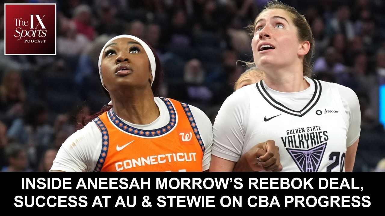 Aneesah Morrow and Kate Martin compete for a rebound in a thumbnail photo for an episode of The IX Sports Podcast