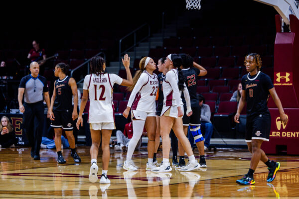 Elon players celebrate during a game against Charleston.