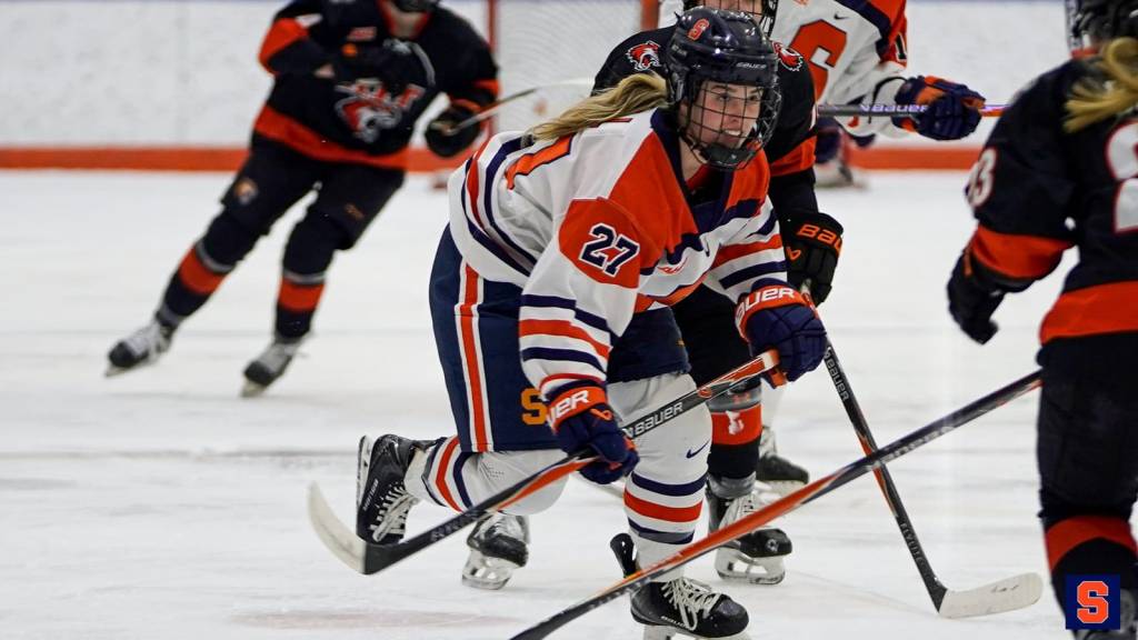 Syracuse player Heidi Knoll skates into a group of defenders.