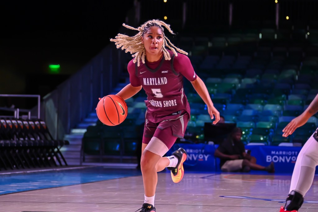UMES guard Jailynn Clayton brings the ball up the floor and looks for a teammate to pass the ball to.