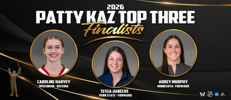 Headshots of Caroline Harvey, Tessa Janecke, and Abbey Murphy on the Top-Three graphic for the Patty Kazmaier award