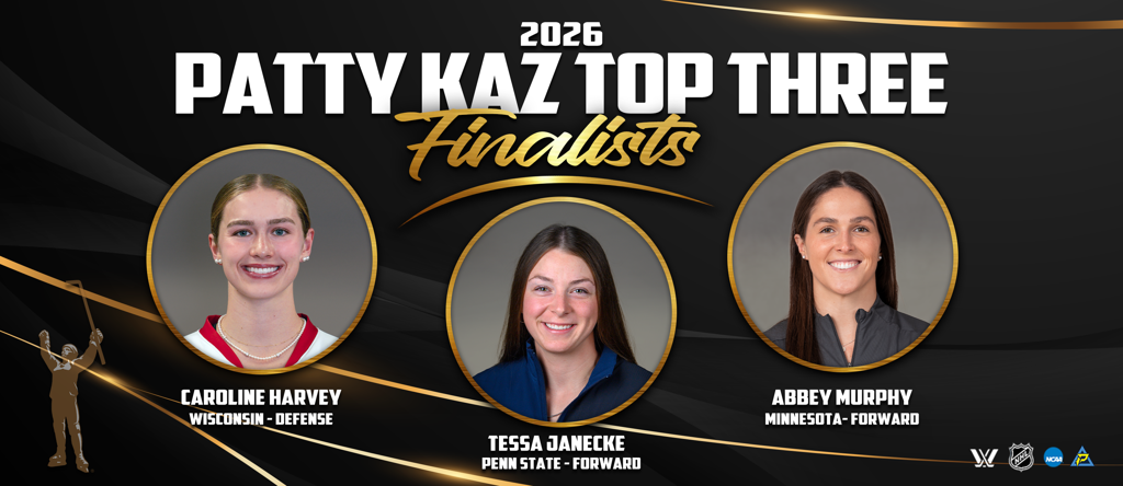 Headshots of Caroline Harvey, Tessa Janecke, and Abbey Murphy on the Top-Three graphic for the Patty Kazmaier award