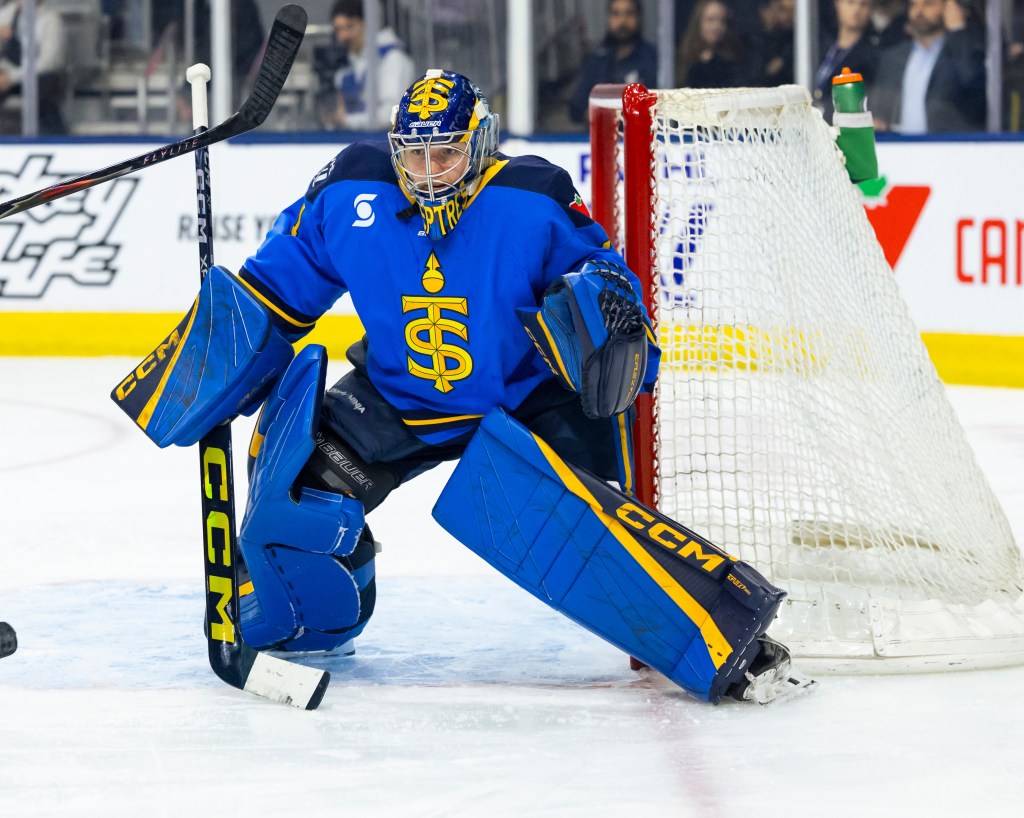 Kirk crouches with her hands ready at her sides as she prepares to make a save. She is wearing a blue home uniform.