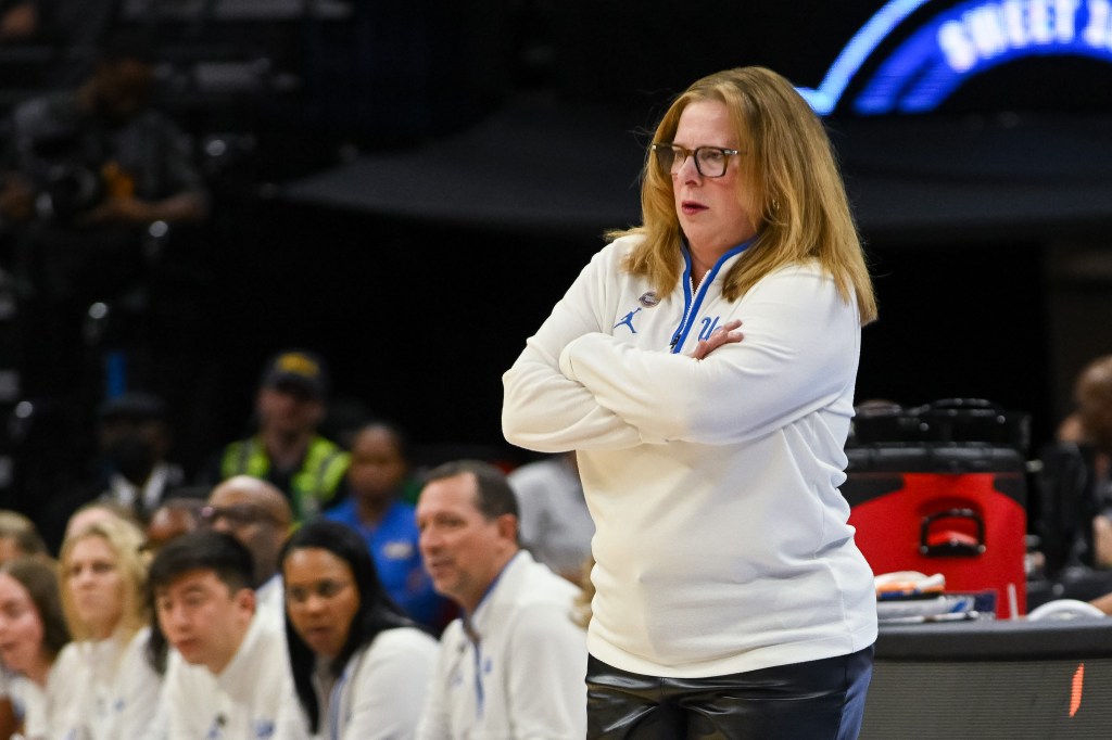 UCLA head coach Cori Close coaches her team during the Sweet 16 game of the 2026 NCAA Tournament against Minnesota.
