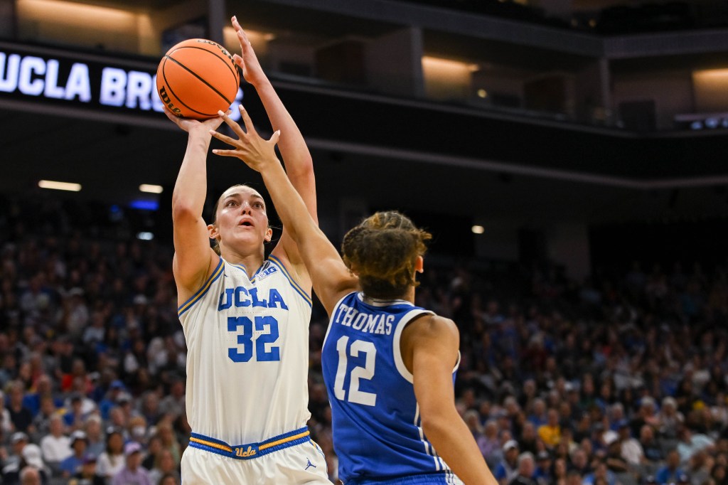 UCLA forward Angela Dugalic shoots over a Duke defender during the first half of the Elite 8 game in Sacramento in the 2026 NCAA Tournament.