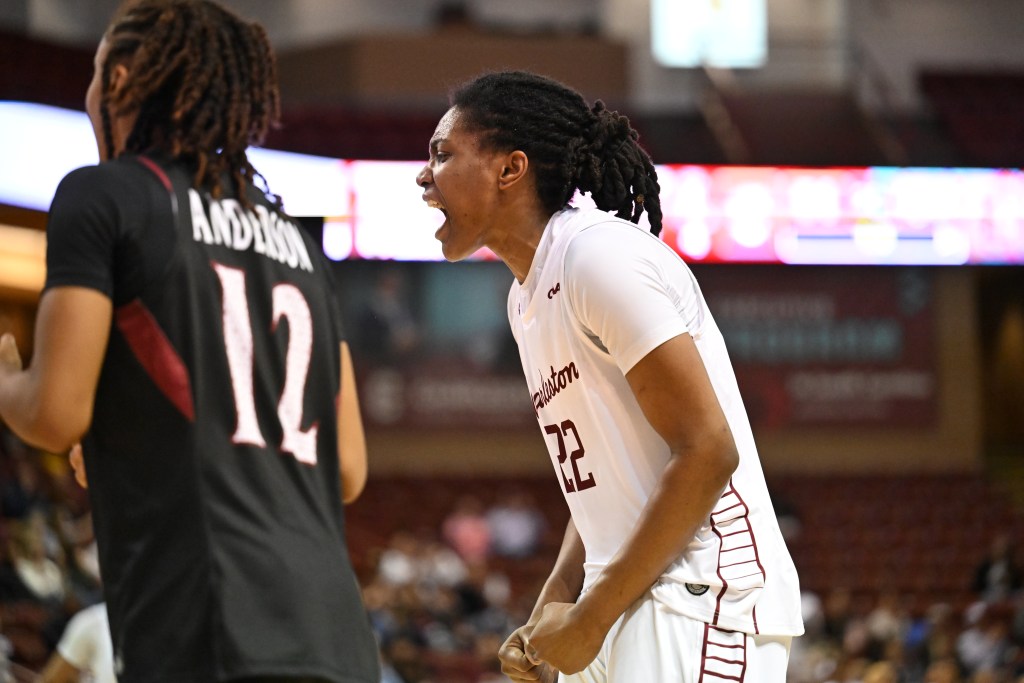 College of Charleston's Grace Ezebilo gets hyped after a big play during a game against Elon in January.