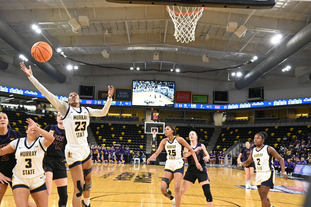Murray State forward Sharnecce Currie-Jelks goes up for one of her 10 rebounds against Northern Iowa during Murray State’s 72-59 win in the semifinals of the 2026 Missouri Valley Tournament.