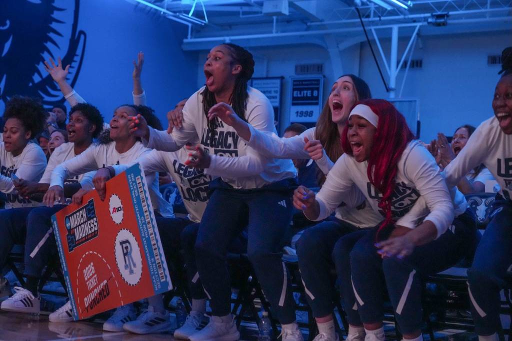 The Rhode Island women's basketball team celebrates their selection into the 2026 NCAA Tournament.