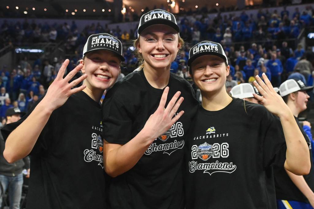 South Dakota State's three seniors celebrate their 2026 Summit League championship, which is their fourth in four years as a class.