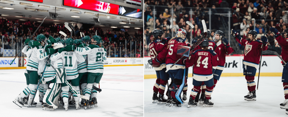 On the left: Fleet players celebrate a win with a tight group hug in white away uniforms. On the right: Victoire players do the same in maroon home uniforms.