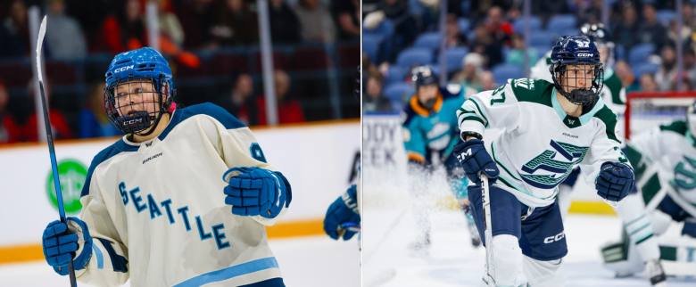 Left: Eldridge celebrates after scoring a goal against Ottawa. She is wearing a cream away uniform. Right: Schafzahl skates after a play during a game. She is wearing a white away uniform.