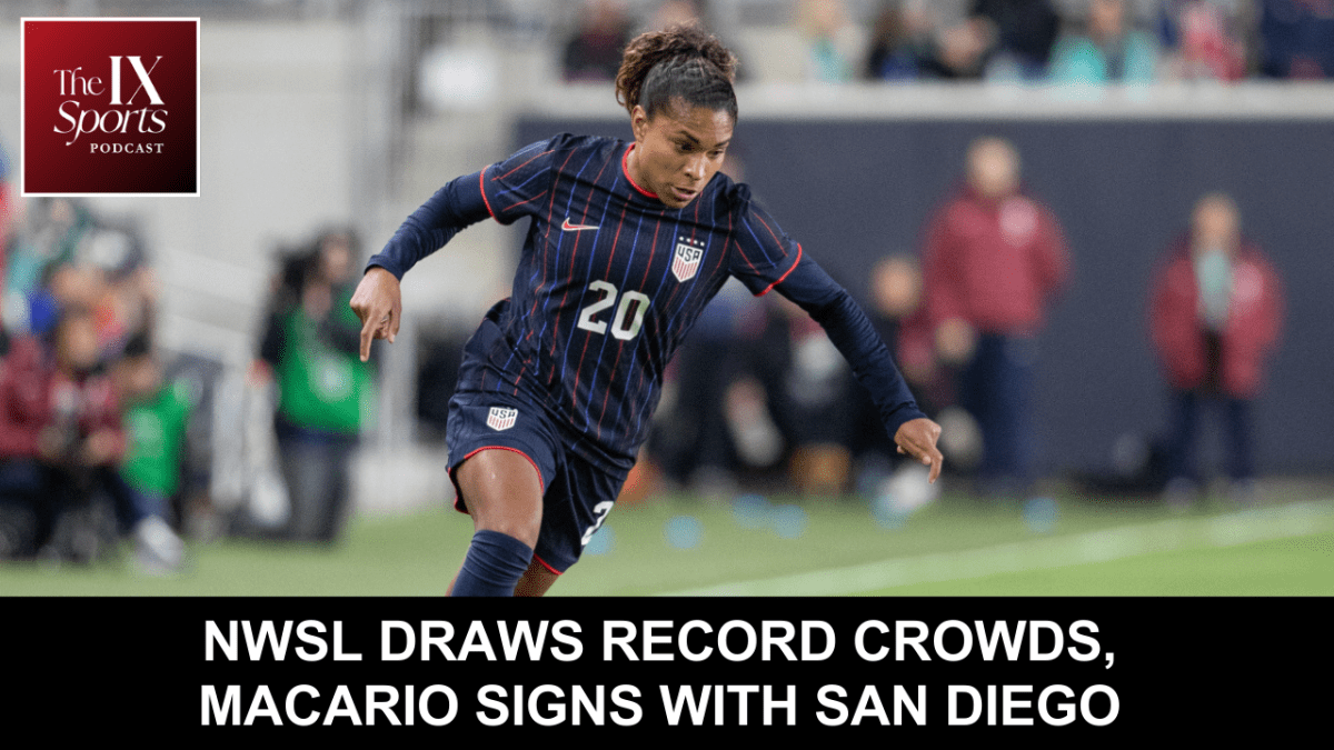 Graphic with photo of USWNT midfielder Catarina Macario (20) running with the ball. The IX Sports Podcast logo at top left. All-caps white text on black background at lower center reads "NWSL Draws Record Crowds, Macario Signs with San Diego"