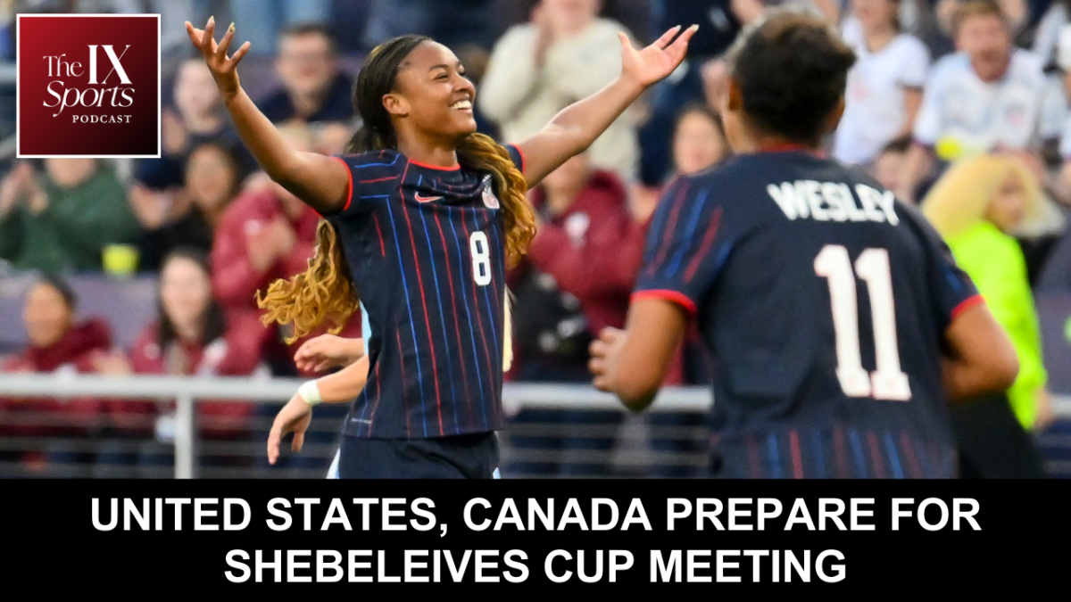 Graphic with photo of Maedyn Shaw (8) celebrating with her arms held out as a teammate runs toward her during a game. The IX Sports Podcast logo at top left. All-caps white text on black background at lower center reads: "United States, Canada prepare for SheBelieves Cup meeting"