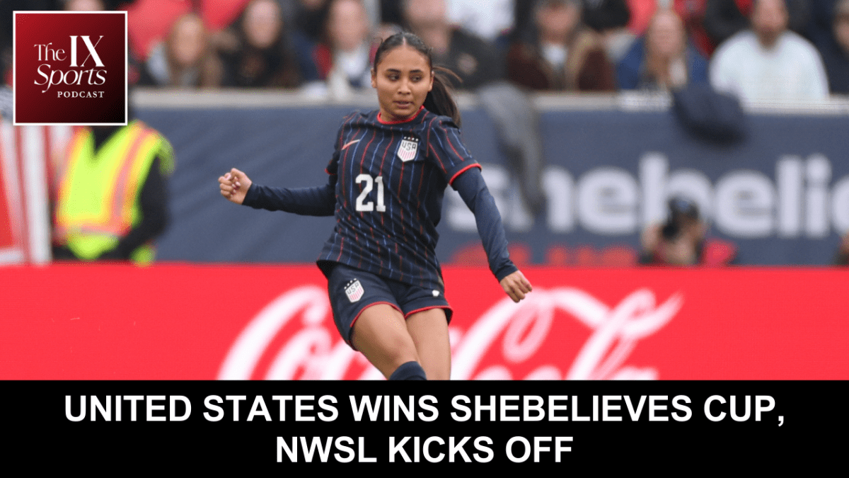 Alyssa Thompson wings her body to the right as she kicks a soccer ball.