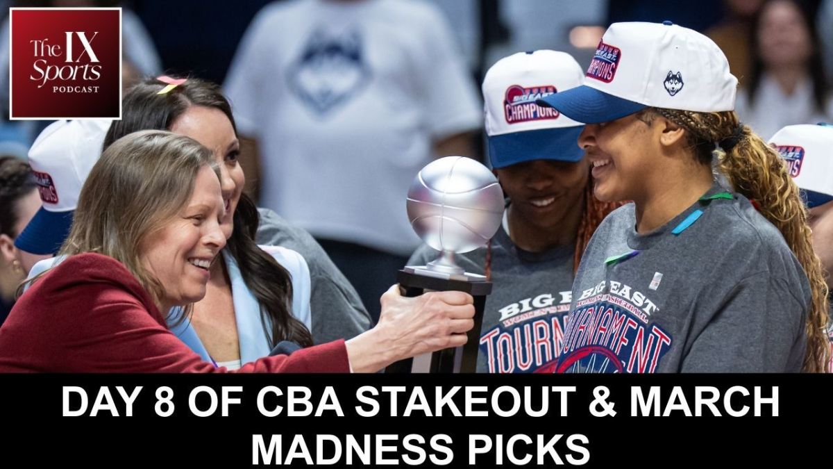 Graphic with photo of UConn Huskies forward Sarah Strong (21) receiving a trophy for BIG EAST Player of the Year as the Huskies celebrate their BIG EAST Tournament win. The IX Sports podcast logo at top left corner. All-caps white text against black background at center reads "Day 8 of CBA Stakeout & March Madness Picks"