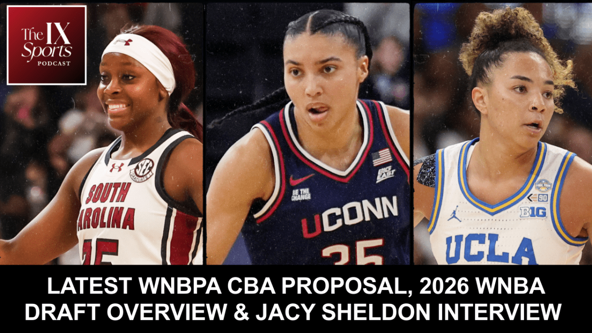 Podcast promotion graphic with photos of Raven Johnson, Azzi Fudd and Kiki Rice.