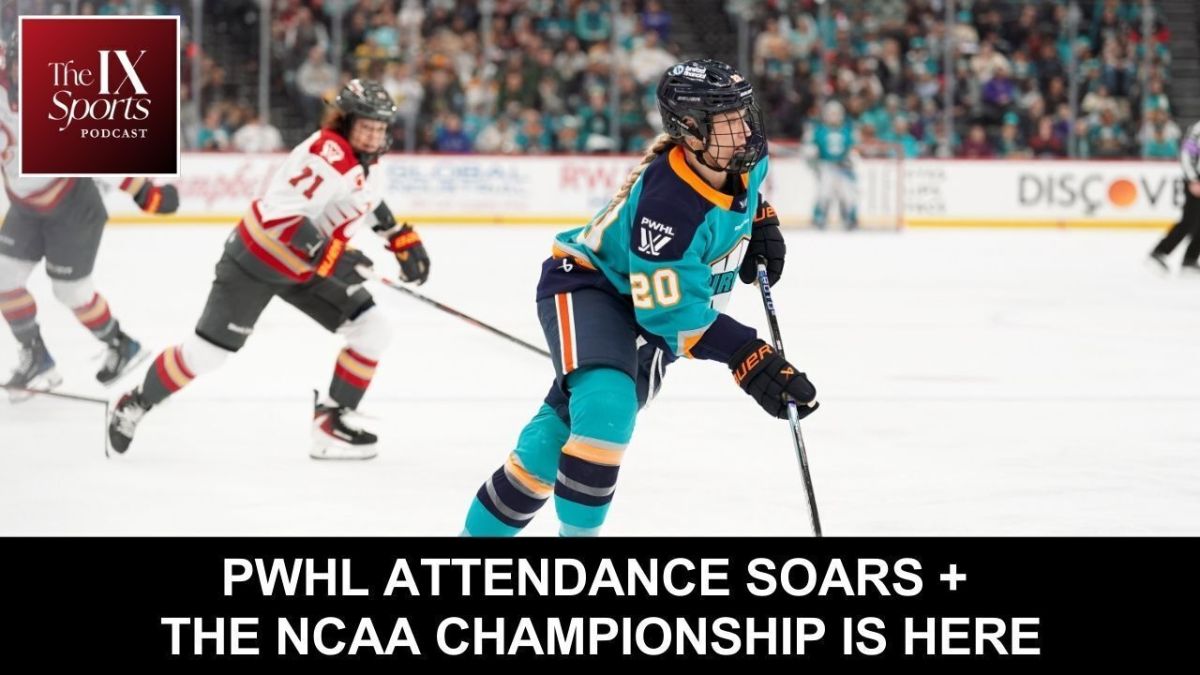 Podcast promotion graphic with a photo of New York Sirens defender Allyson Simpson controlling the puck. You can see an Ottawa player behind her. Text overlay reads "PWHL attendance soars + the NCAA championship is here"