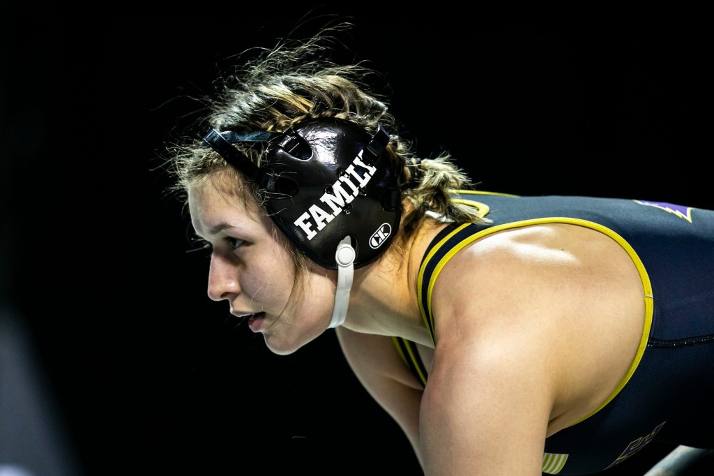 McKendree University wrestler Cameron Guerin plans her next move at 130 pounds in the finals during the National Collegiate Women's Wrestling Championships, Saturday, March 4, 2023, at the Alliant Energy PowerHouse in Cedar Rapids, Iowa.