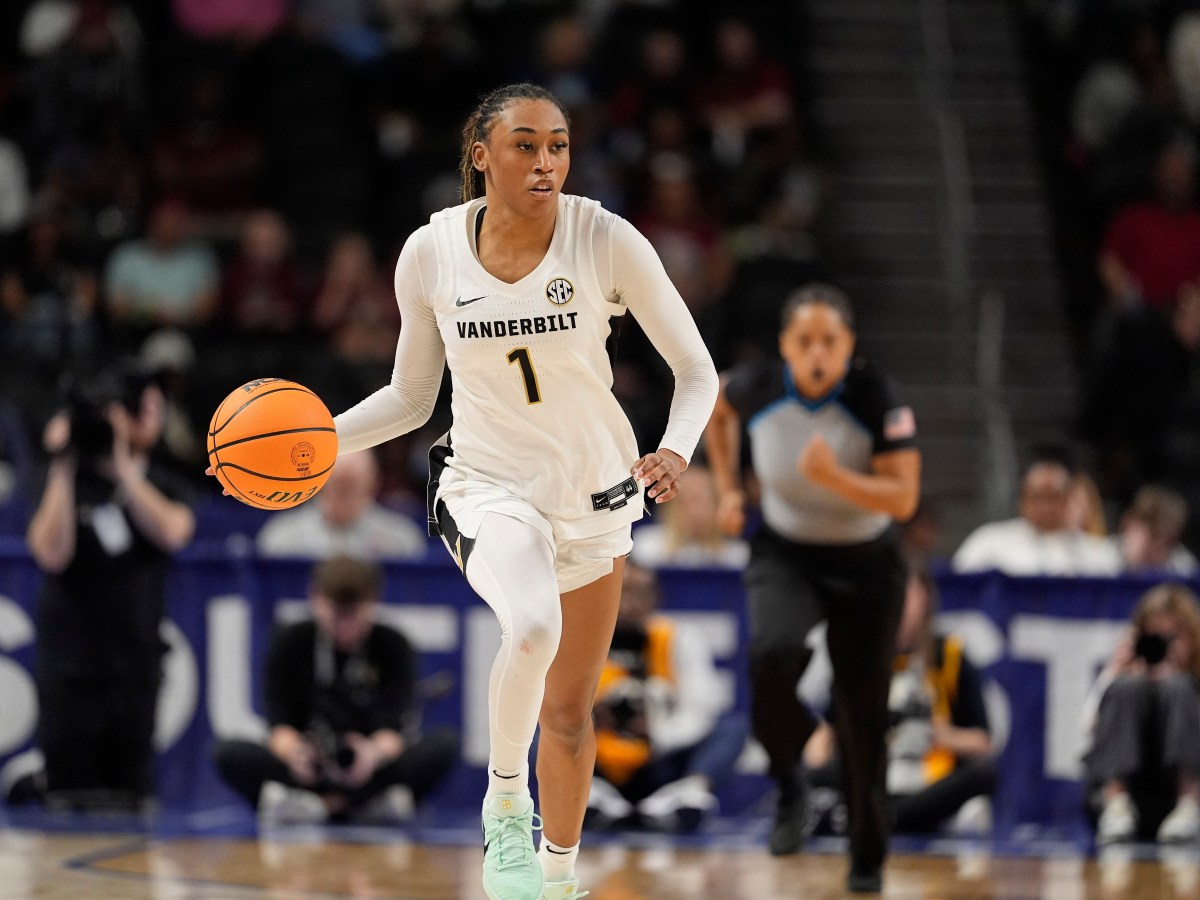 Mar 6, 2026; Greenville, SC, USA; Vanderbilt Commodores guard Mikayla Blakes (1) brings the ball up court during the second half at Bon Secours Wellness Arena