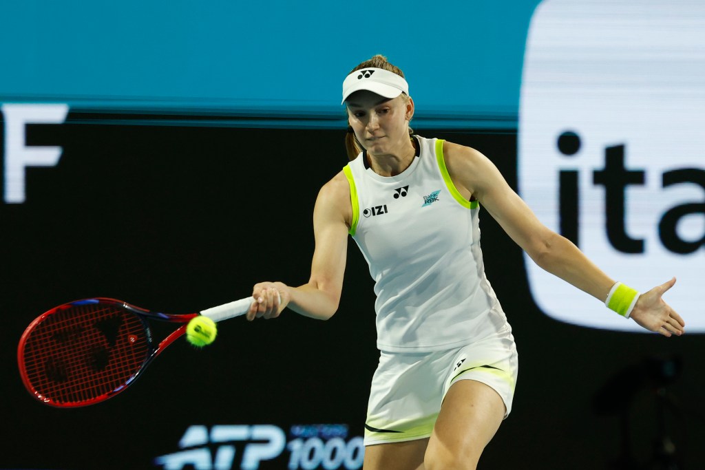 Elena Rybakina hits a forehand at the 2026 Miami Open