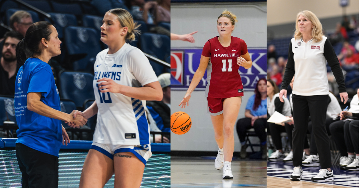 Three images side-by-side. Left: Saint Louis head coach Rebecca Tillett (left) uses her right hand to shake the right hand of her daughter, graduate student guard Isabel “Bel” Tillett, as Bel checks out and heads toward the bench. Center: Saint Joseph’s graduate student guard Kaylie Griffin dribbles the ball down the court with her right hand. Right: Saint Joseph’s head coach Cindy Griffin stands on the sideline looking toward the basket closest to her team’s bench.