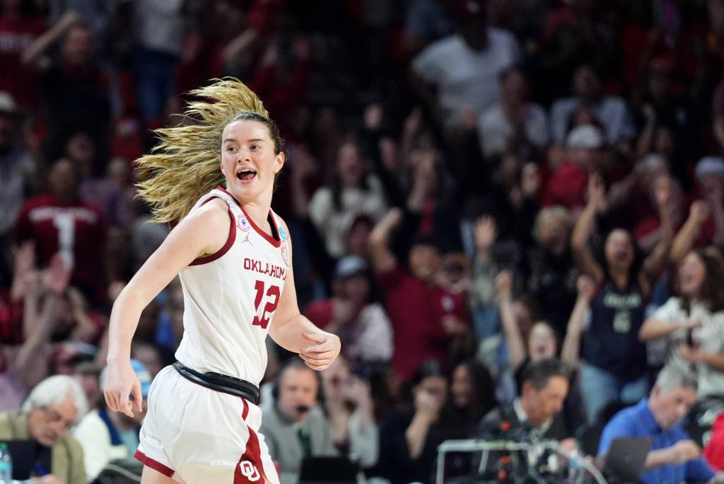 Oklahoma's Peyton Verhulst celebrates a made shot during the second round of the 2026 NCAA Tournament win in Norman, OK.