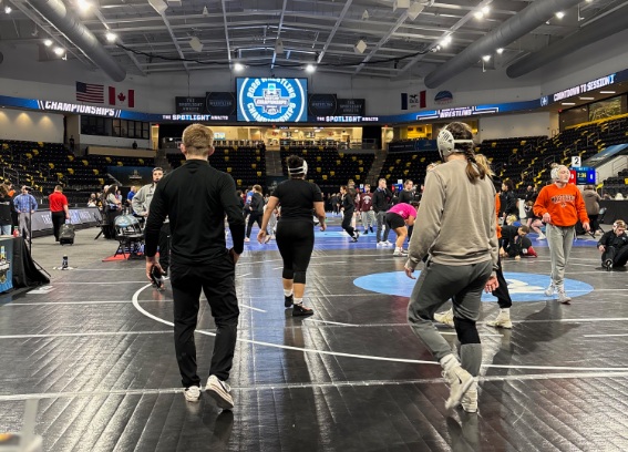 Wrestlers during warmups.