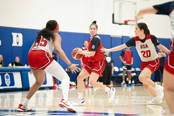 Kelsey Plum looks to shoot or pass at a recent training camp at Duke University.