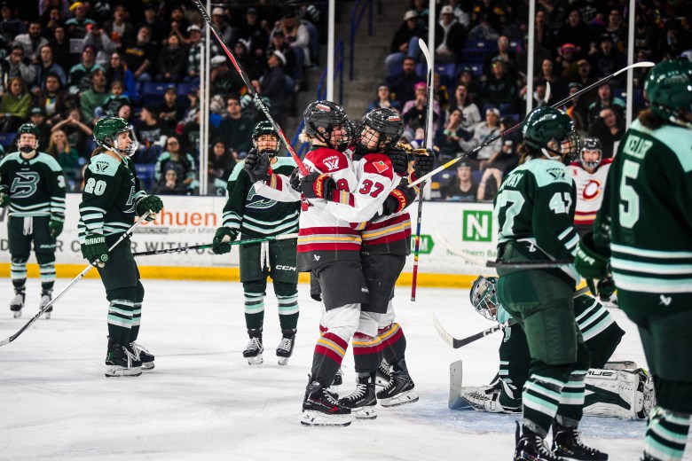 The Ottawa Charge celebrate a goal against the Boston Fleet.