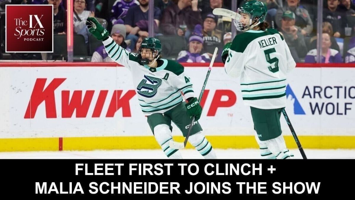 Graphic with photo of two Boston Fleet players celebrating during a game. The IX Sports Podcast logo at top left. All-caps white text on black background at lower center reads "Fleet First to Clinch + Malia Schneider Joins the Show"