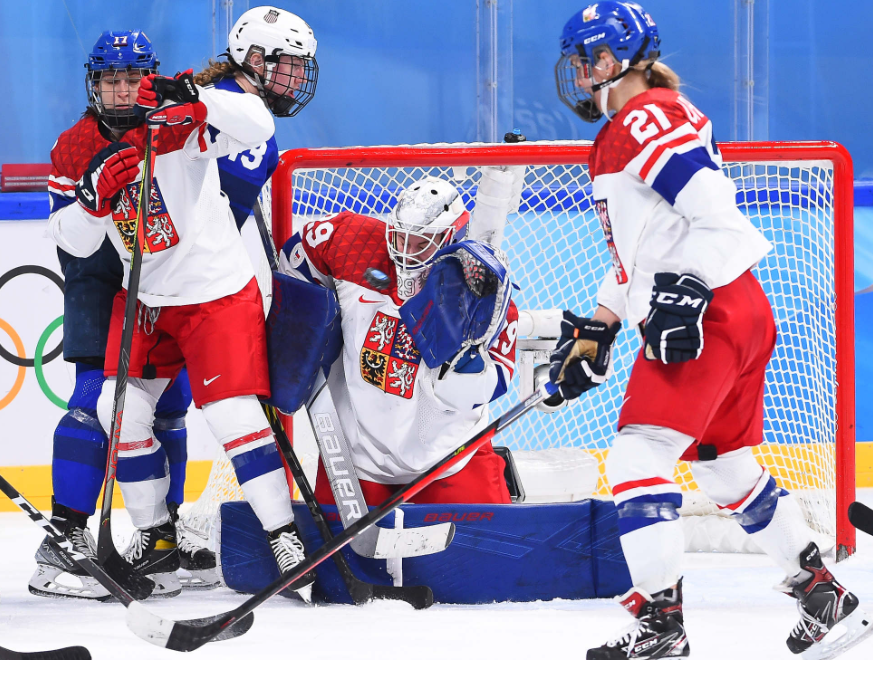 Klára Peslarová makes a save vs the USA at the 2022 Olympics