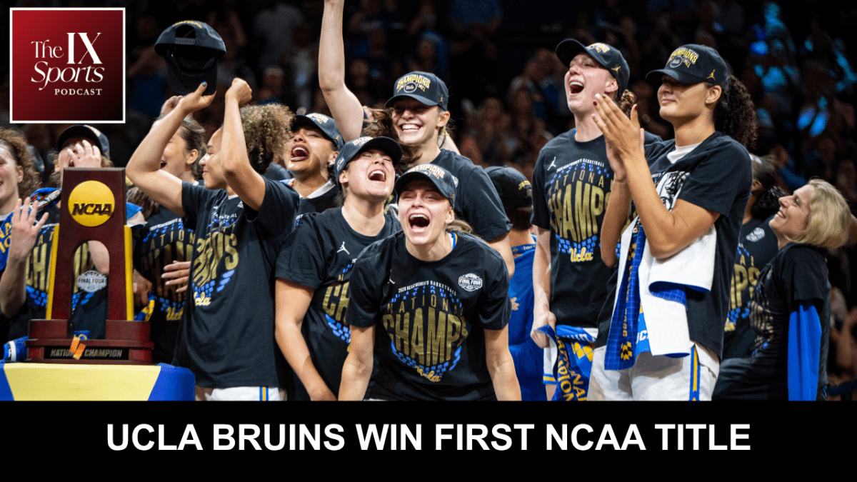 UCLA players celebrate the school's first-ever NCAA women's basketball national championship.