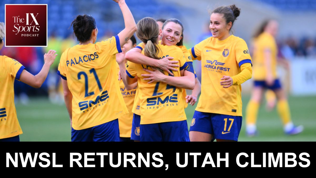 Graphic with photo of Utah Royals players celebrating and hugging during a game. The IX Sports Podcast logo at top left. All-caps white text on black background at lower center reads "NWSL Returns, Utah Climbs".
