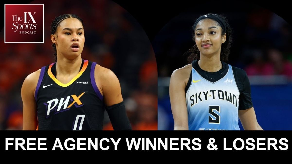 Satou Sabally (left) stands wearing a Phoenix Mercury jersey. Angel Reese (right) walks while wearing a Chicago Sky jersey.