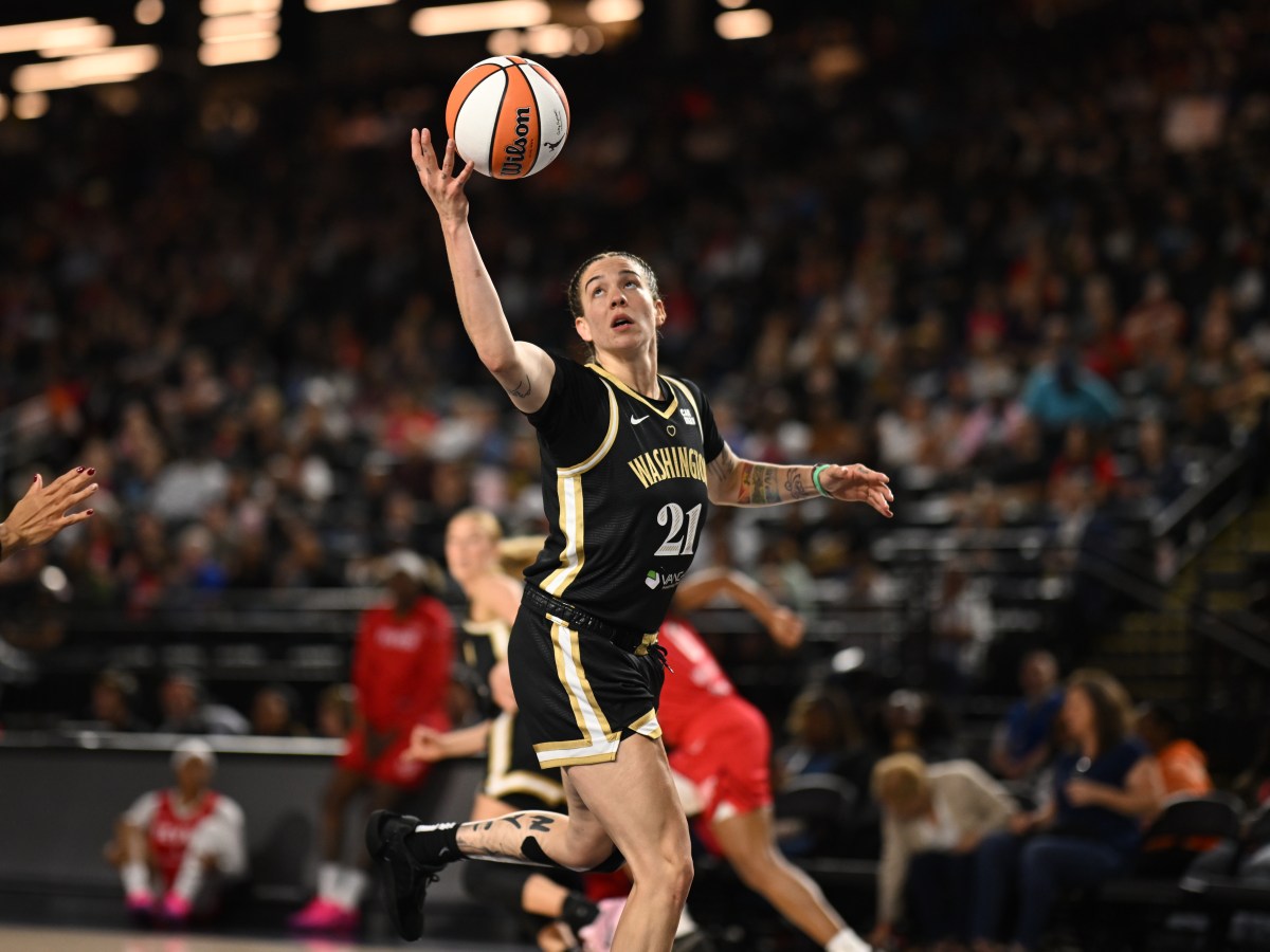 Washington Mystics forward Emily Engstler (21) grabs a rebound against the Indiana Fever during the second quarter at CFG Bank Arena
