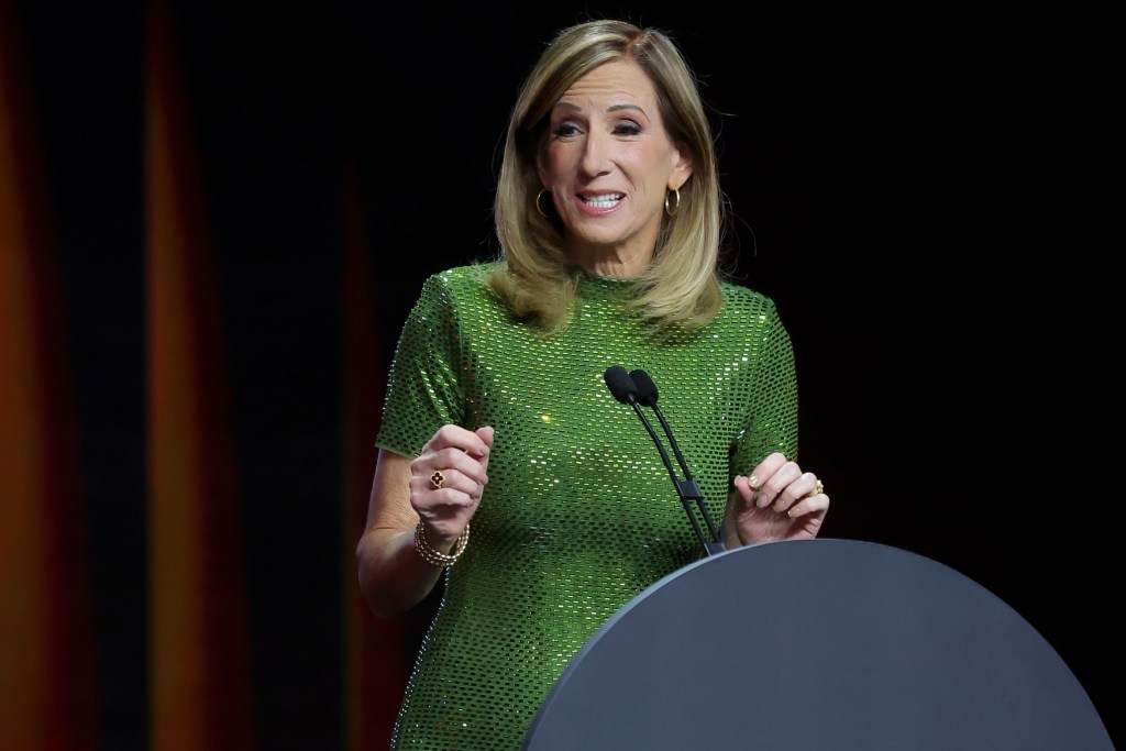 WNBA Commissioner Cathy Engelbert speaks at the start of the 2026 WNBA Draft from the podium.