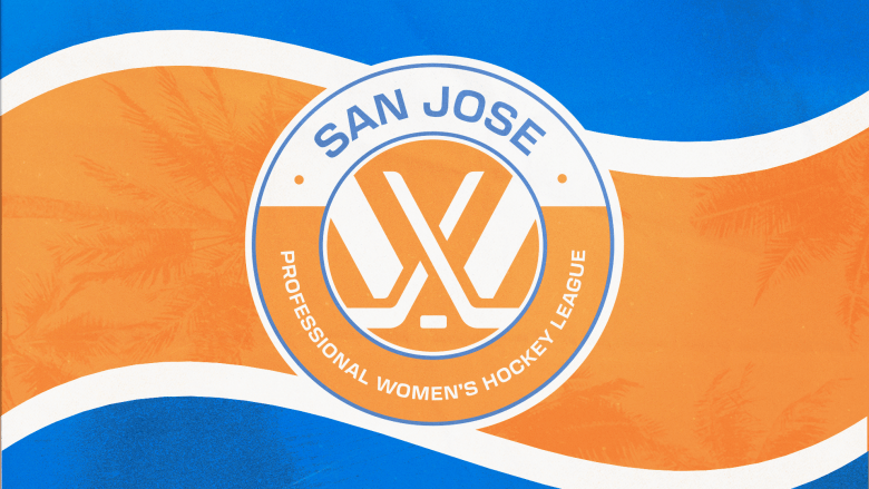 A circular logo with the words "San Jose" and "Professional Women's Hockey League" encompasses the PWHL logo. The circle is white on top with orange on the bottom. It is set on a field of blue and orange.