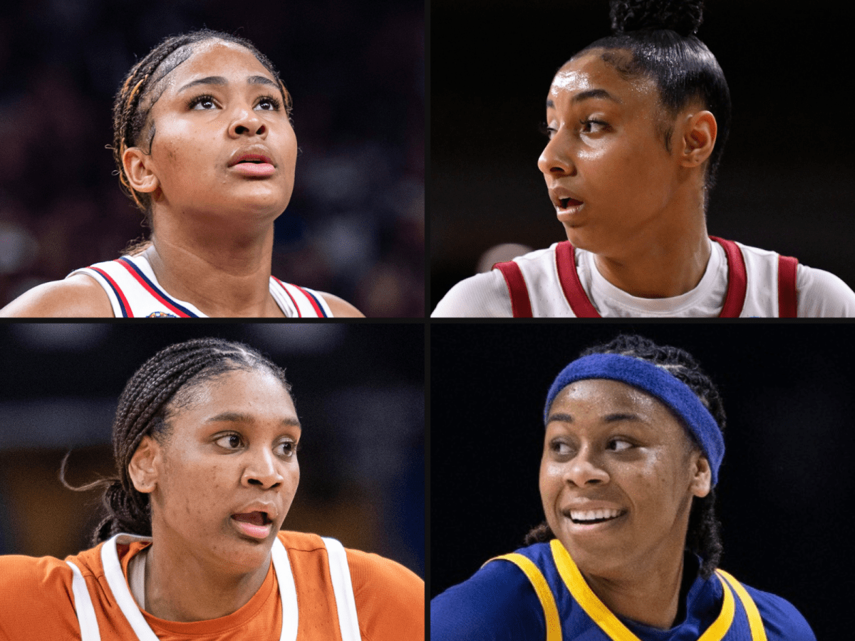 A collage of the faces of top WNBA draft prospects left in college basketball arranged in a 2-by-2: clockwise from top-left, Sarah Strong looks up, JuJu Watkins, looks left, Mikaylah Williams looks left, and Madison Booker looks right