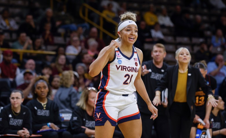 Virginia Cavaliers guard Kymora Johnson (21) pumps her fist during the first quarter of their 2026 NCAA Womens’ Basketball Tournament First Four game against the Arizona State Sun Devils at Carver-Hawkeye Arena in Iowa City, Iowa, on Thursday, March 19, 2026.