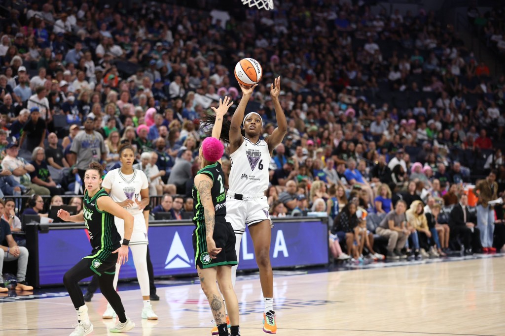 Valkyries wing Kaila Charles shoots the ball over Minnesota Lynx guard <a rel=