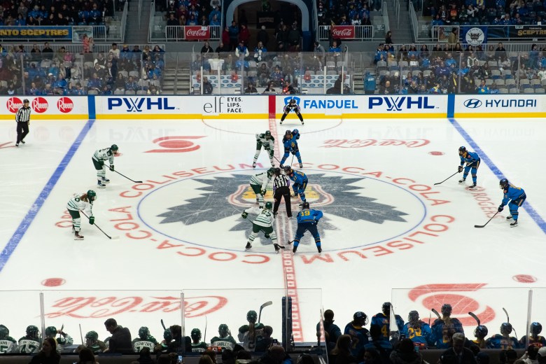 A game between the PWHL's Toronto Sceptres and Boston Fleet.