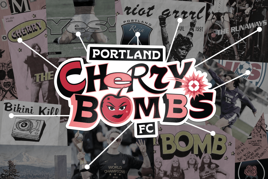 Cherry Bombs wordmark logo over a collage of pictures representing different influences like Bikini Kill, The Runaways and Megan Rapinoe.