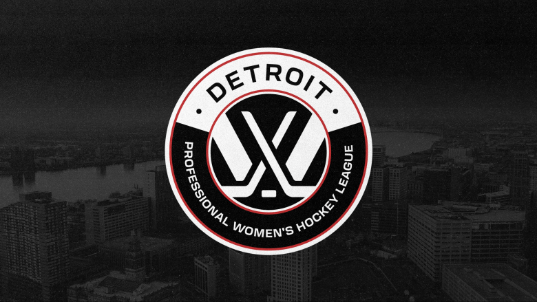 A black and white circle with red accents, with the words "Detroit" and "Professional Women's Hockey League" on the outer ring, and a white PWHL logo in the center.