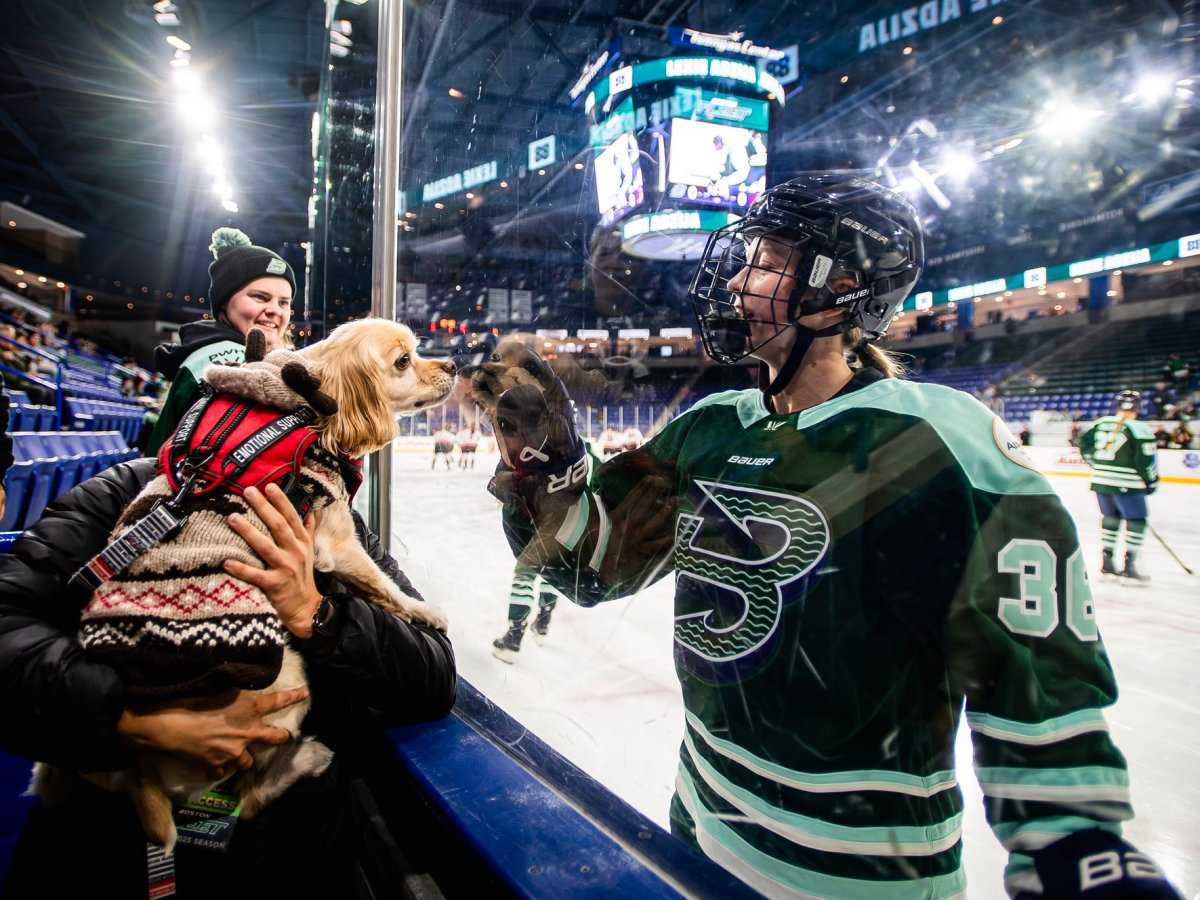 Loren Gabel says hi to a dog