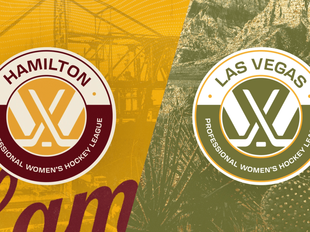On the left is a circular maroon, gold and cream PWHL Hamilton logo on a field of gold. On the right, there is a circular green, gold and white PWHL Las Vegas one.