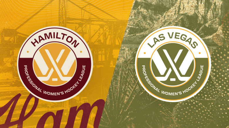 On the left is a circular maroon, gold and cream PWHL Hamilton logo on a field of gold. On the right, there is a circular green, gold and white PWHL Las Vegas one.